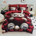 Lenjerie de Pat 1 Persoană- pat 140*200 cm, Cearceaf cu elastic, Imprimeu 5D,  Roșie Ursuleț cu  Inimioare