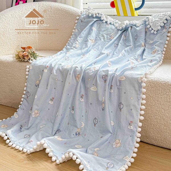 Păturică copii din bumbac 100% și Minky 3D, 100 x 150 cm  – Bleu, Ursuleți, lună și baloane