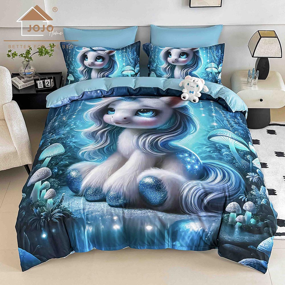 1.1.jpg Lenjerie de Pat 1 Persoană- pat 140*200 cm, Cearceaf cu elastic, Imprimeu 5D Unicorn - imagine 1