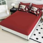 Lenjerie de Pat 1 Persoană- pat 140*200 cm, Cearceaf cu elastic, Imprimeu 5D,  Roșie Ursuleț cu  Inimioare - imagine 2