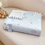 Păturică copii din bumbac 100% și Minky 3D, 100 x 150 cm  – Bleu, Ursuleți, lună și baloane - imagine 5