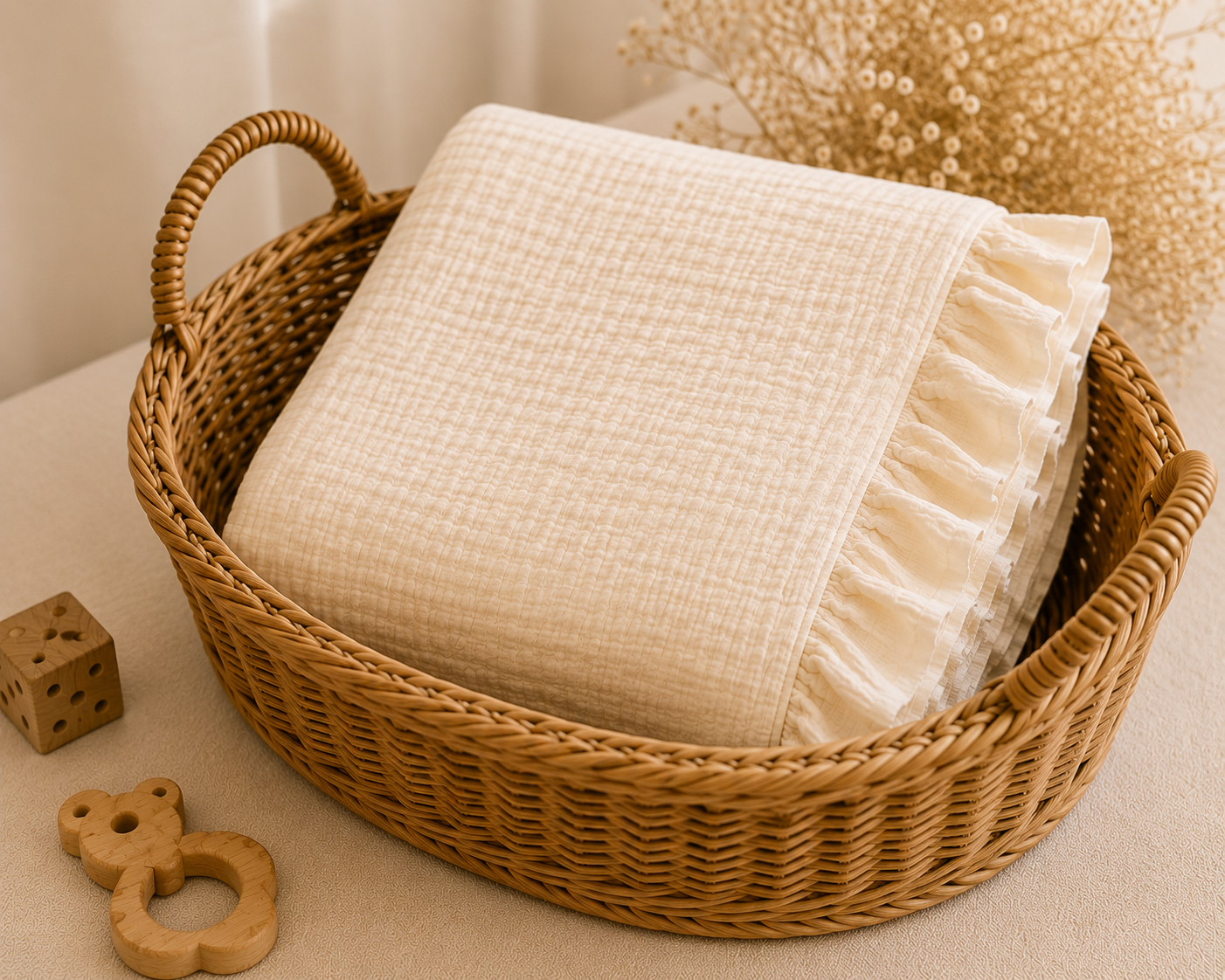 1.png Păturică Crem Premium din Muselină 4 Straturi cu Volănaș – 100×100 cm - imagine 1