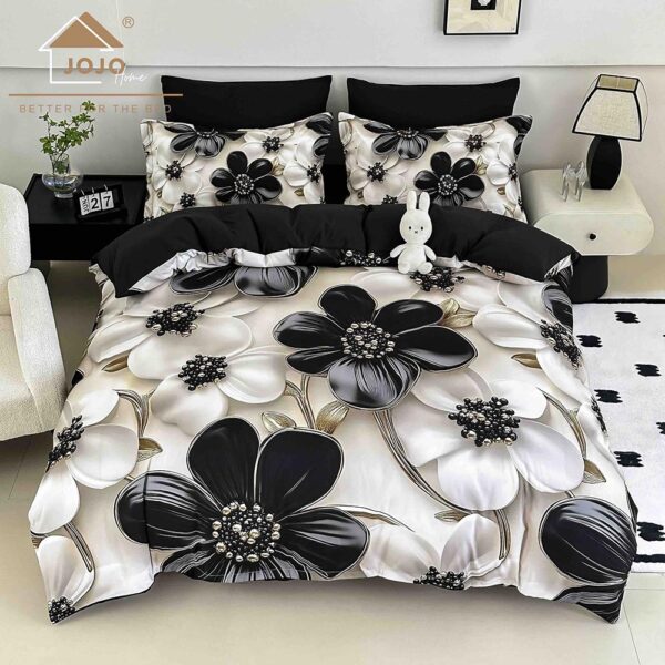 Lenjerie de Pat 1 Persoană- pat 140*200 cm, Cearceaf cu elastic, Imprimeu 5D Flori Crem cu Negru