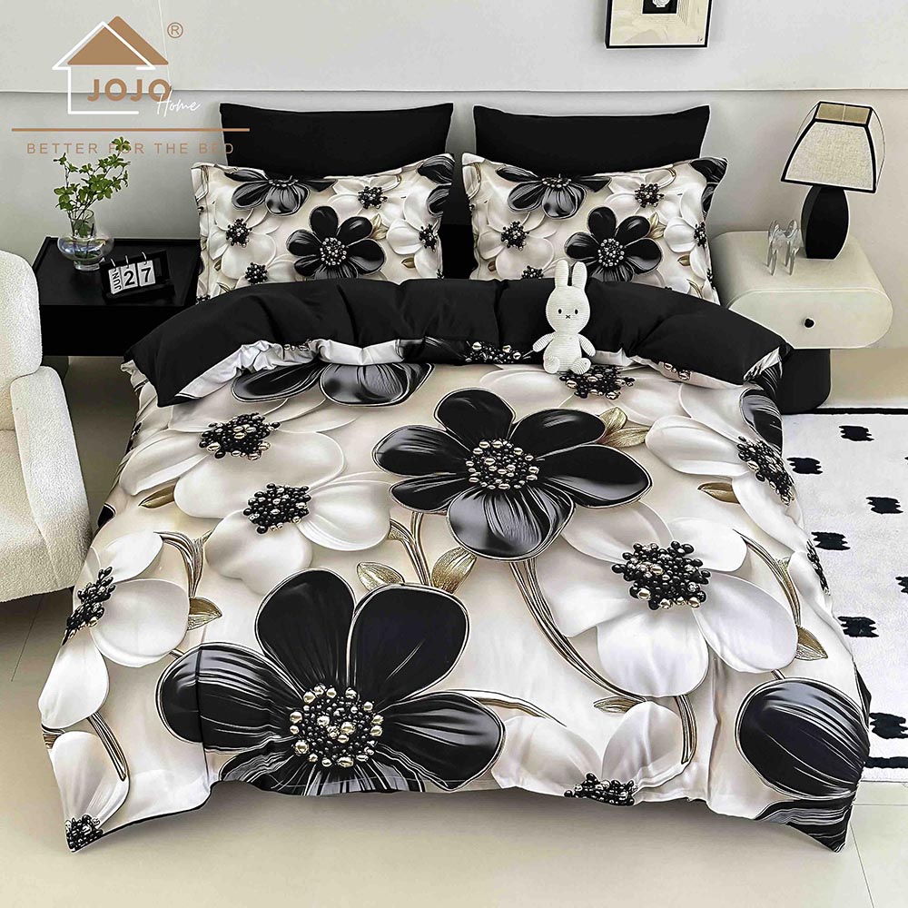 10.1.jpg Lenjerie de Pat 1 Persoană- pat 140*200 cm, Cearceaf cu elastic, Imprimeu 5D Flori Crem cu Negru - imagine 1