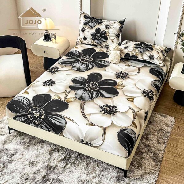 Husă Pat Dublu cu elastic cu 2 fețe de pernă, Țesătură Tip Finet , Imprimeu 5D   Flori Crem cu Negru