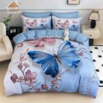 Lenjerie de Pat 1 Persoană- pat 140*200 cm, Cearceaf cu elastic, Imprimeu 5D,  Bleu cu Fluturi