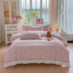 Lenjerie pat dublu  - bumbac 100 % , 4 piese, Cearceaf cu elastic , Roz Pudra cu Imprimeu Floral si Fundite si Dantela