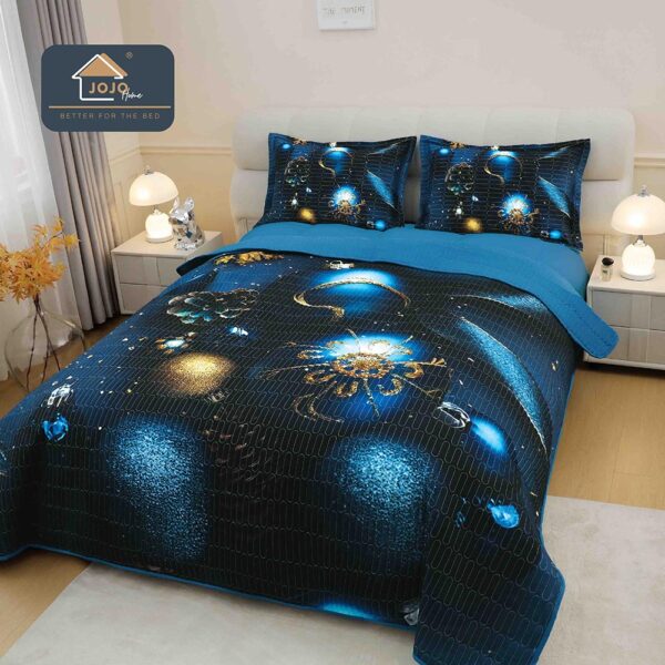 Cuvertură Crăciun 5D, 220x240 cm, Set 3 Piese -Bleumarin cu Globuri Albastre și Aurii