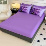 Lenjerie de pat dublu , Tesatura tip Finet,  6 piese , Imprimeu 5D Mov cu Flori Cala - imagine 2