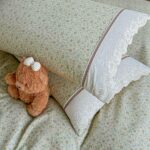 Lenjerie pat dublu  - bumbac 100 % , 4 piese, Cearceaf cu elastic , Verde Salvie cu Flori Bej si Dantela - imagine 5