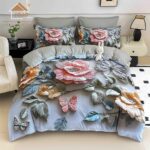 Lenjerie de Pat 1 Persoană- pat 140*200 cm, Cearceaf cu elastic, Imprimeu 5D Flori