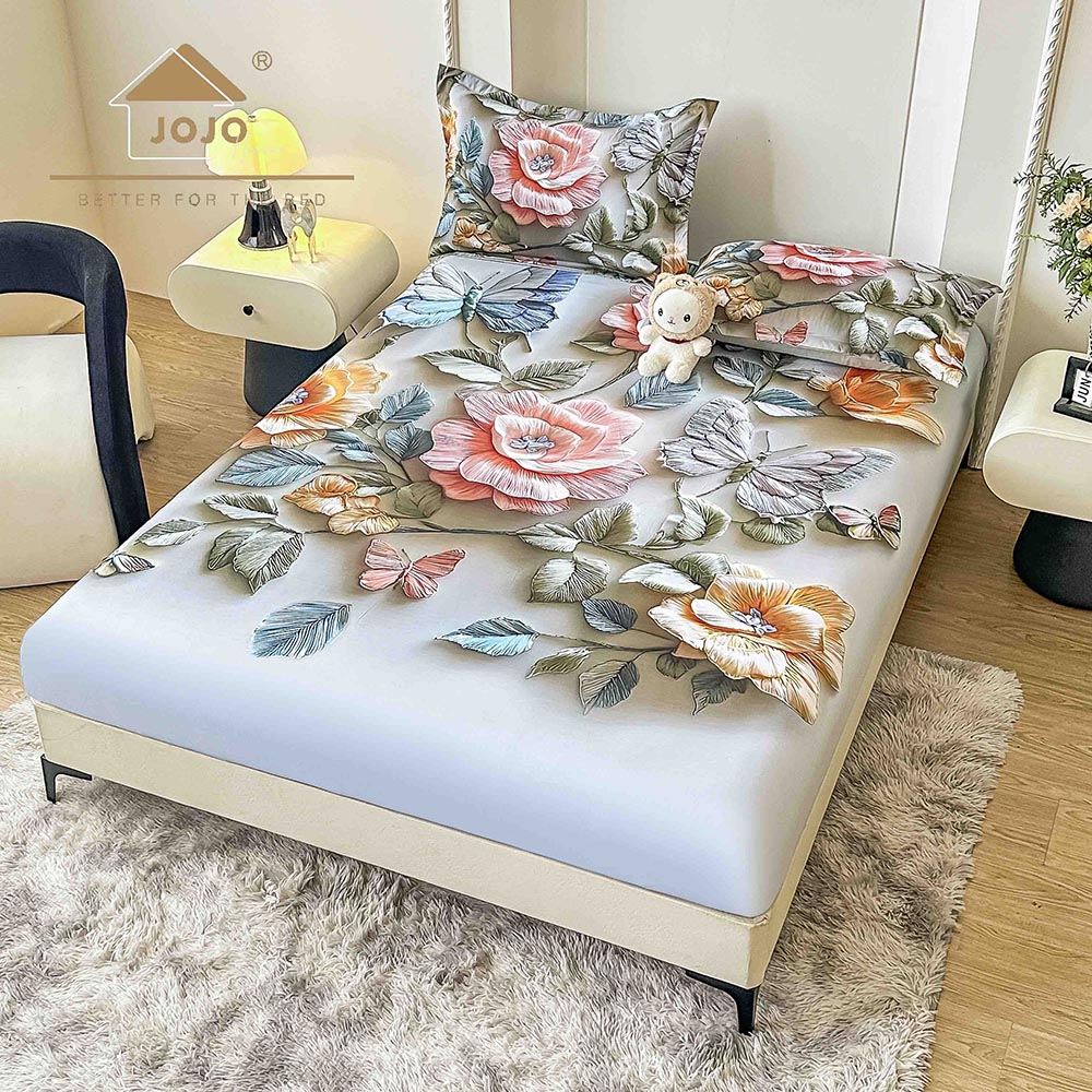 15H.jpg Husă Pat Dublu cu elastic cu 2 fețe de pernă, Țesătură Tip Finet , Imprimeu 5D Flori - imagine 1