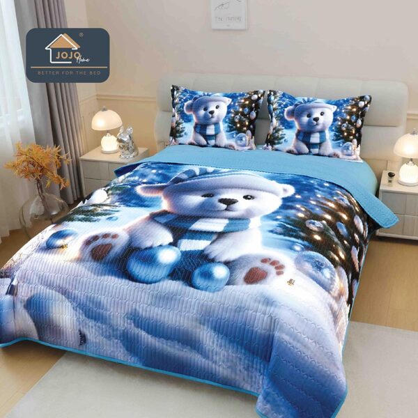 Cuvertură Crăciun 5D, 220x240 cm, Set 3 Piese -Ursuleț Polar și Fular Albastru
