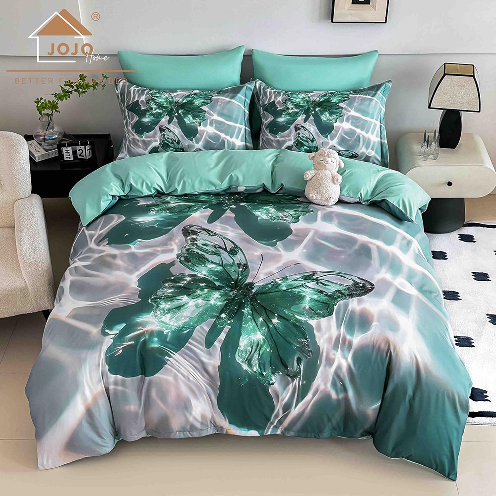 16.1.jpg Lenjerie de Pat 1 Persoană- pat 140*200 cm, Cearceaf cu elastic, Imprimeu 5D Fluturi Verzi - imagine 1
