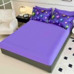 Lenjerie de pat dublu , Tesatura tip Finet,  6 piese , Imprimeu 5D Mov cu Stelute - imagine 2