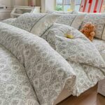 Lenjerie pat dublu  - bumbac 100 % , 4 piese, Cearceaf cu elastic , Gri cu Imprimeu Floral si Dantela - imagine 3