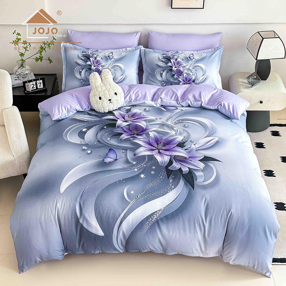 19.1-1.jpg Lenjerie de pat dublu , Tesatura tip Finet, 6 piese , Imprimeu 5D Bleu-Lila cu Imprimeu Floral - imagine 1