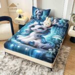 Husă Pat Dublu cu elastic cu 2 fețe de pernă, Țesătură Tip Finet , Imprimeu 5D Unicorn