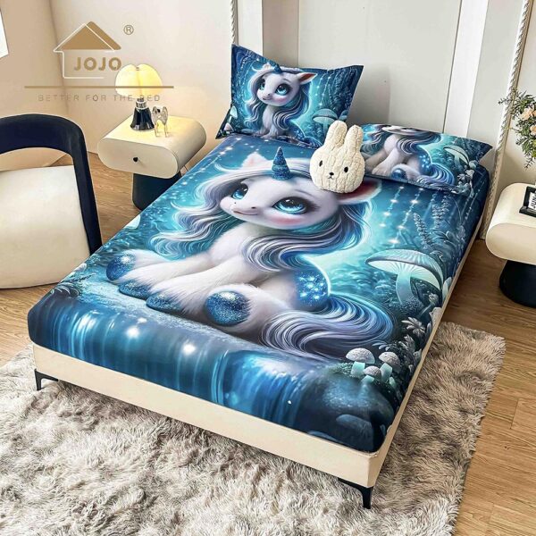 Husă Pat Dublu cu elastic cu 2 fețe de pernă, Țesătură Tip Finet , Imprimeu 5D Unicorn