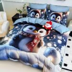 Lenjerie de Pat Dublu Crăciun 5D cu Pinguin și Fular Roșu - imagine 2