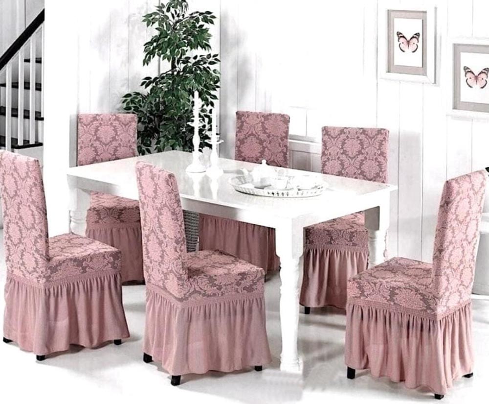 2-9.jpg Set 6 huse elastice pentru scaune, cu volanas, model Jacquard Roz - imagine 1