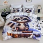 Lenjerie de Pat 1 Persoană- pat 140*200 cm, Cearceaf cu elastic, Imprimeu 5D,  Alb cu Gri, Raton