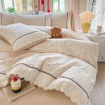 Lenjerie pat dublu  - bumbac 100 % , 4 piese, Cearceaf cu elastic , Crem cu Cirese si Dantela - imagine 2