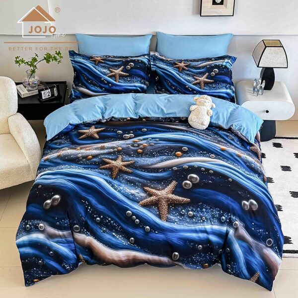 Lenjerie de Pat 1 Persoană- pat 140*200 cm, Cearceaf cu elastic, Imprimeu 5D Stelute de Mare