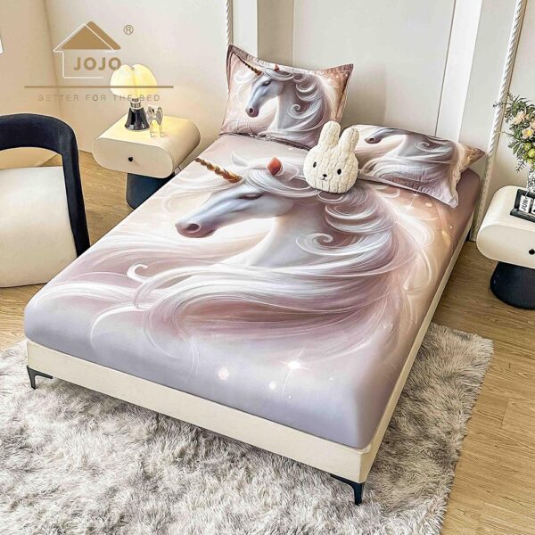 Husă Pat Dublu cu elastic cu 2 fețe de pernă, Țesătură Tip Finet , Imprimeu 5D  Unicorn