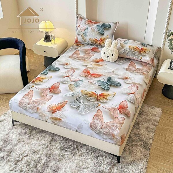 Husă Pat Dublu cu elastic cu 2 fețe de pernă, Țesătură Tip Finet , Imprimeu 5D  Fluturi Colorati