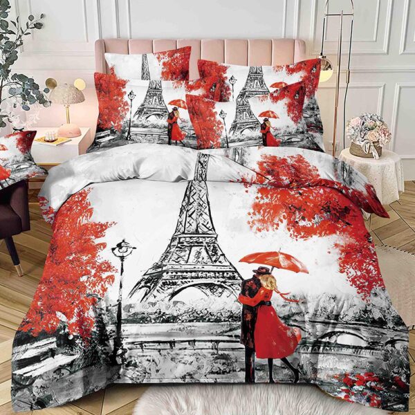 Lenjerie de Pat 1 Persoană- pat 140*200 cm, Cearceaf cu elastic, Imprimeu Turnul Eiffel