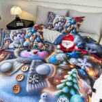 Lenjerie de Pat Dublu Crăciun 5D cu Om de Zăpadă și Brad Împodobit - imagine 3