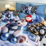 Lenjerie de Pat Dublu Crăciun 5D cu Ursuleț Polar și Fular Albastru - imagine 3