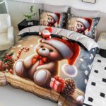 Lenjerie de Pat Dublu Crăciun 5D cu Ursuleț și Căciulă de Moș Crăciun - imagine 3