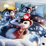 Lenjerie de Pat Dublu Crăciun 5D cu Pinguin și Fular Roșu - imagine 3