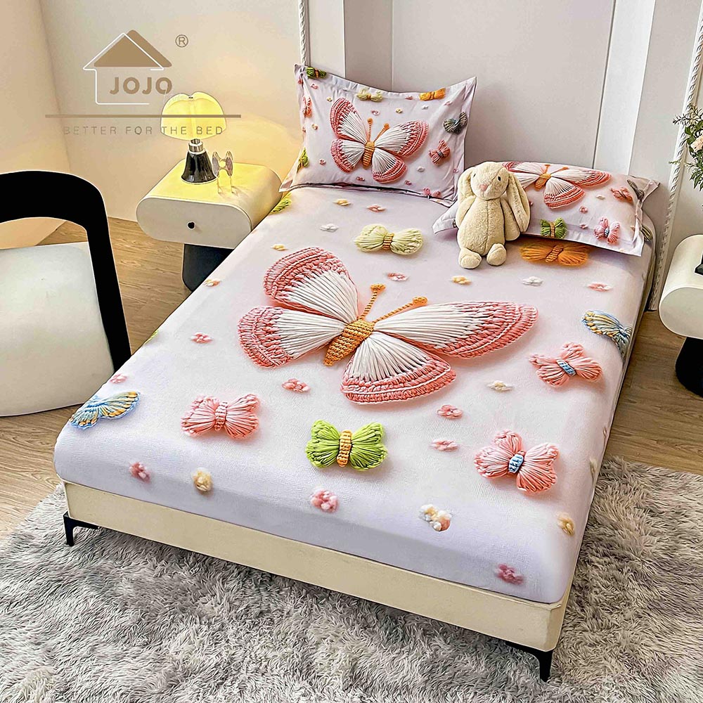 31H.jpg Husă Pat Dublu cu elastic cu 2 fețe de pernă, Țesătură Tip Finet , Imprimeu 5D Fluturi Colorati - imagine 1