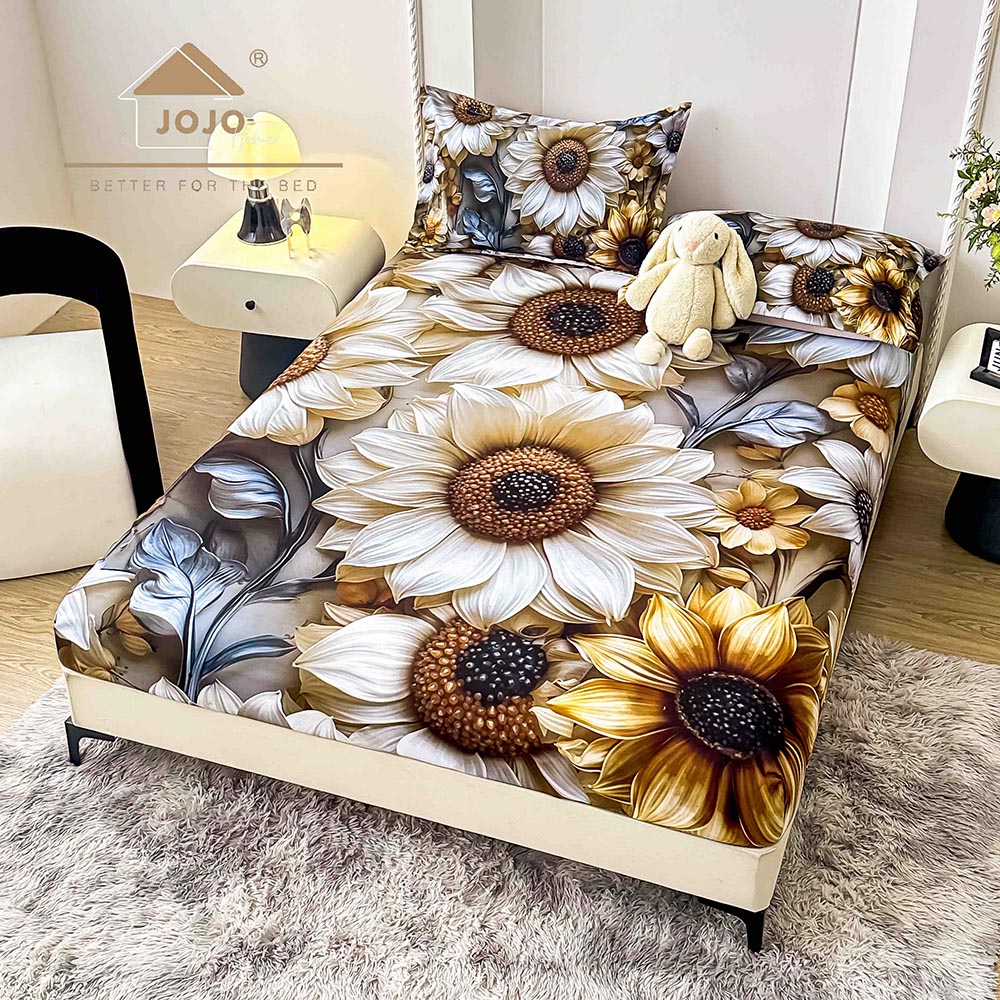 37H.jpg Husă Pat Dublu cu elastic cu 2 fețe de pernă, Țesătură Tip Finet , Imprimeu 5D Flori - imagine 1