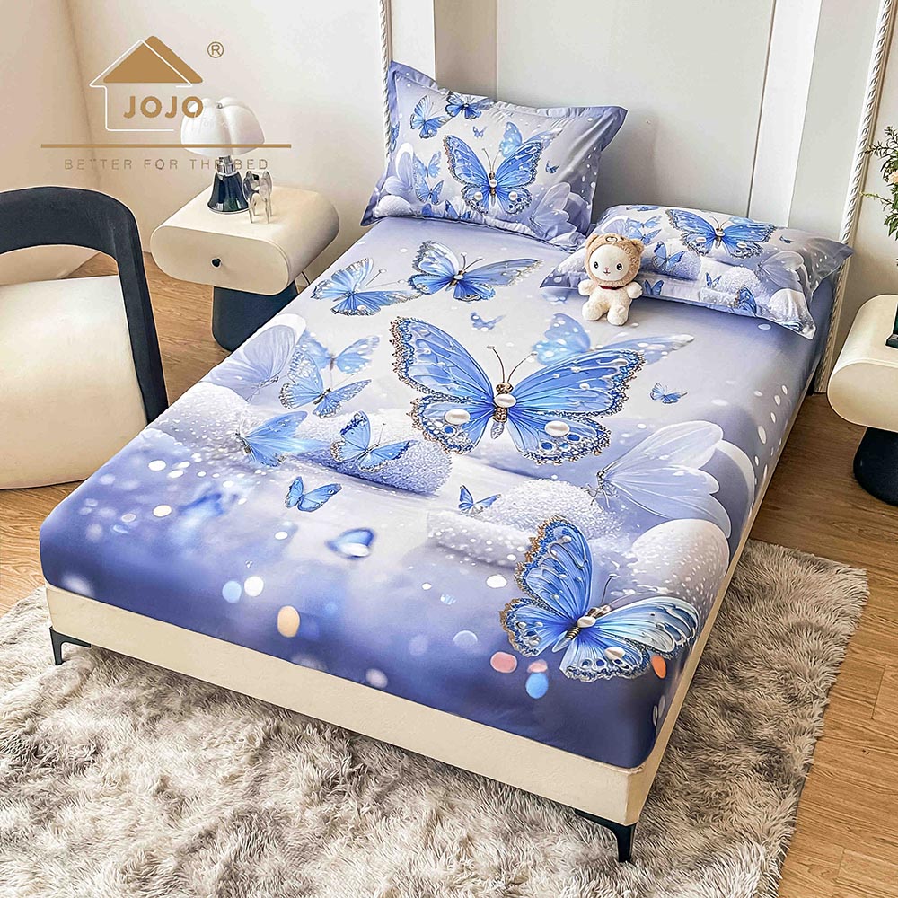 3H.jpg Husă Pat Dublu cu elastic cu 2 fețe de pernă, Țesătură Tip Finet , Imprimeu 5D Fluturi Bleu - imagine 1