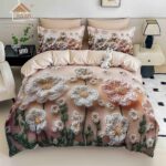 Lenjerie de Pat 1 Persoană- pat 140*200 cm, Cearceaf cu elastic, Imprimeu 5D,  Bej cu Flori de Camp