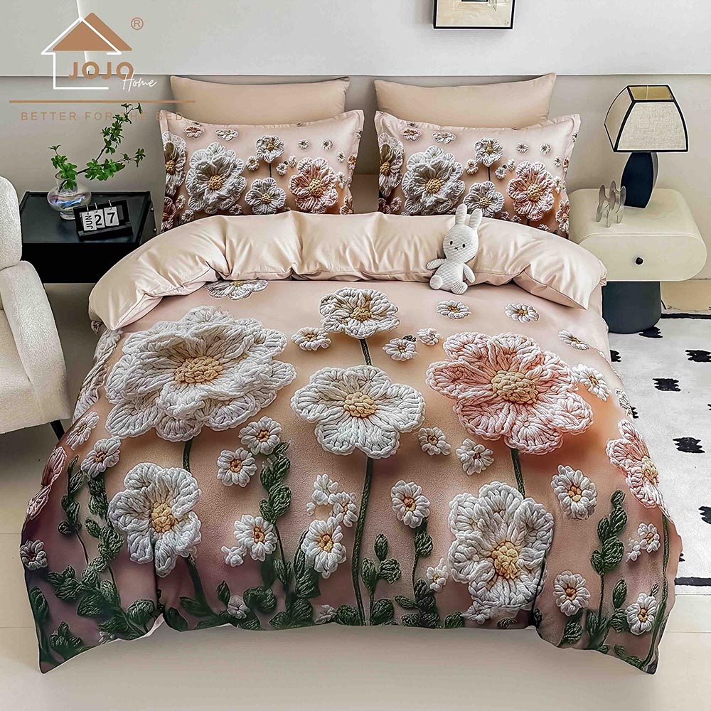 4.1-1-1.jpg Lenjerie de Pat 1 Persoană- pat 140*200 cm, Cearceaf cu elastic, Imprimeu 5D, Bej cu Flori de Camp - imagine 1