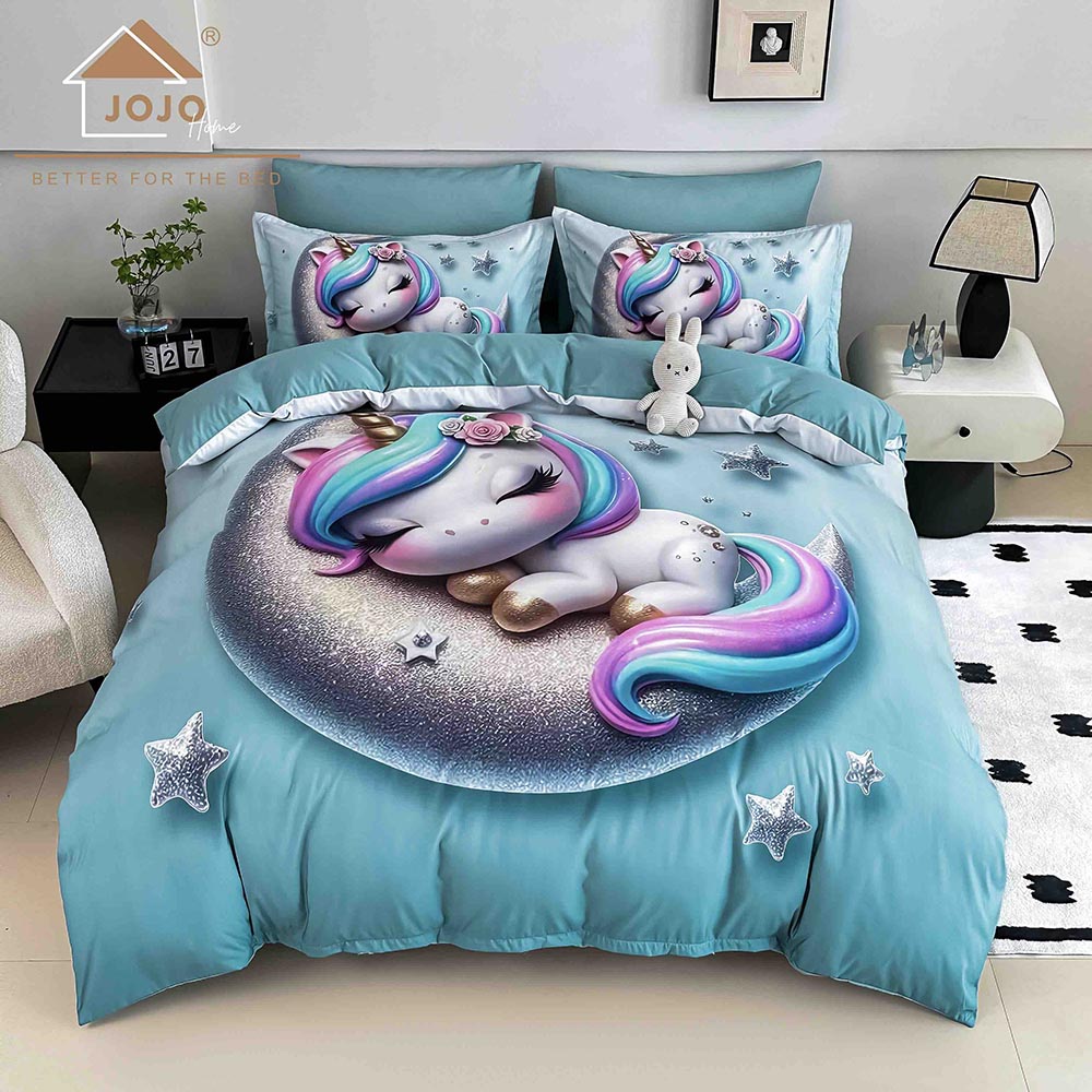 4.1.jpg Lenjerie de pat dublu , Tesatura tip Finet, 6 piese , Imprimeu 5D Unicorn Somnoros - imagine 1