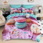 Lenjerie de pat dublu , Tesatura tip Finet,  6 piese , Imprimeu 5D Macarons