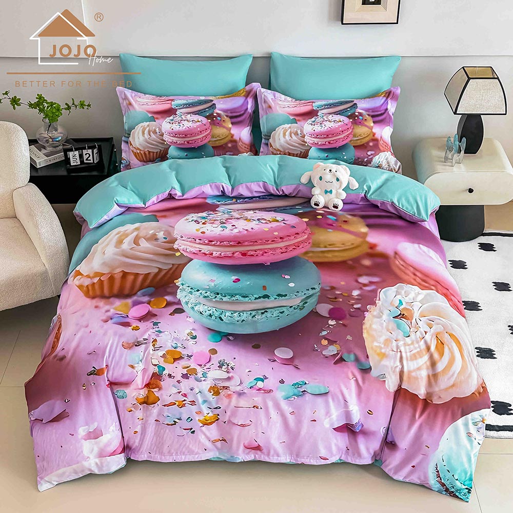 41.1.jpg Lenjerie de pat dublu , Tesatura tip Finet, 6 piese , Imprimeu 5D Macarons - imagine 1