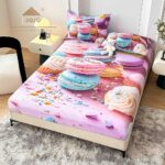 Husă Pat Dublu cu elastic cu 2 fețe de pernă, Țesătură Tip Finet , Imprimeu 5D Macarons