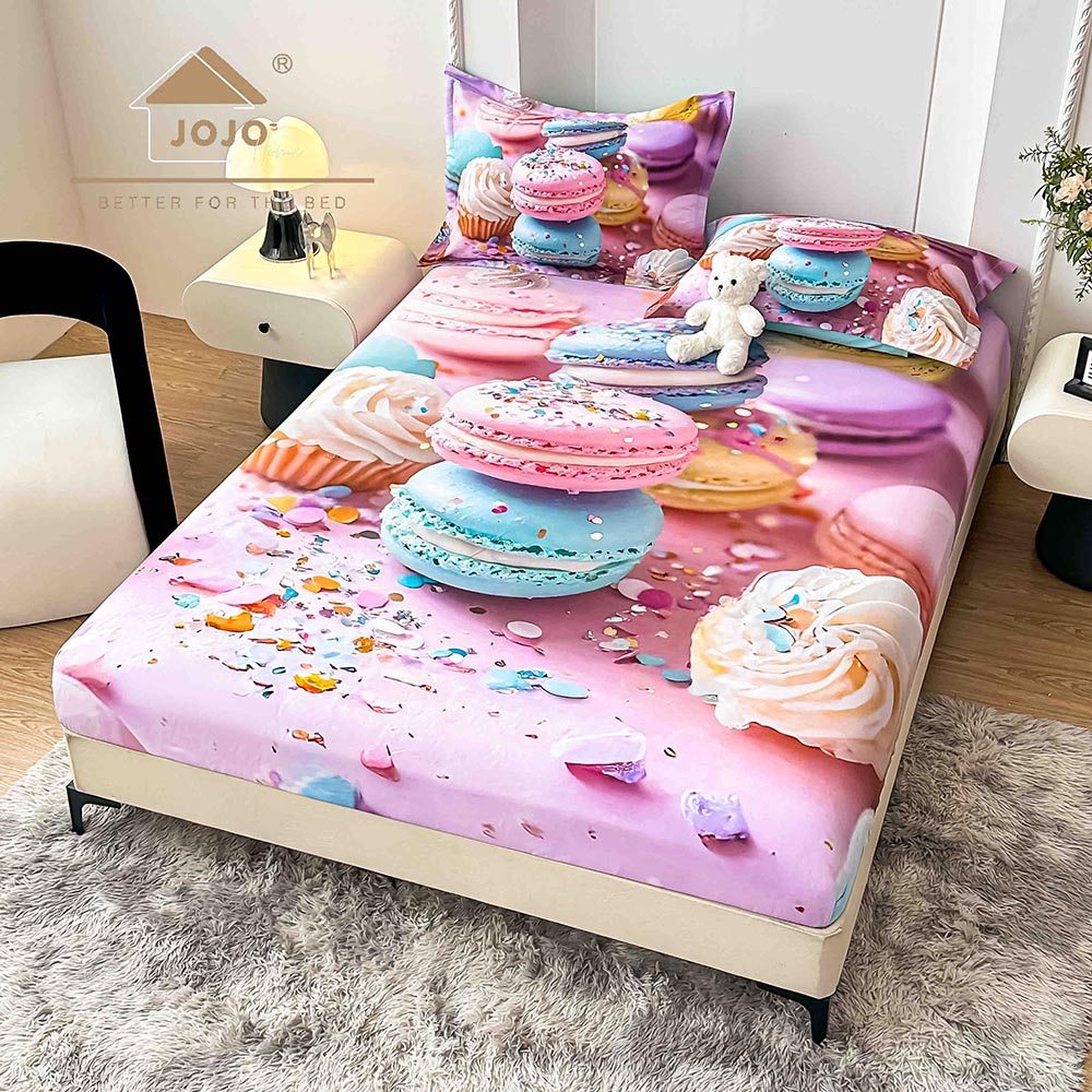 41H.jpg Husă Pat Dublu cu elastic cu 2 fețe de pernă, Țesătură Tip Finet , Imprimeu 5D Macarons - imagine 1