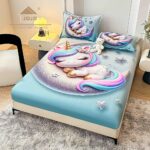 Husă Pat Dublu cu elastic cu 2 fețe de pernă, Țesătură Tip Finet , Imprimeu 5D Unicorn Somnoros