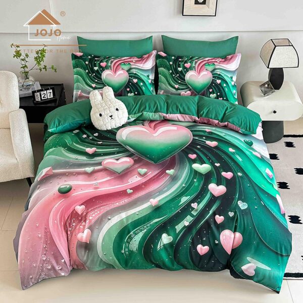 Lenjerie de pat dublu , Tesatura tip Finet,  6 piese , Imprimeu 5D Verde Smarald cu Inimi Decorative