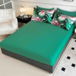 Lenjerie de pat dublu , Tesatura tip Finet,  6 piese , Imprimeu 5D Verde Smarald cu Inimi Decorative - imagine 2