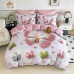 Lenjerie de Pat 1 Persoană- pat 140*200 cm, Cearceaf cu elastic, Imprimeu 5D,  Roz cu Fluturi