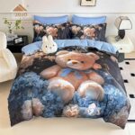 Lenjerie de pat dublu , Tesatura tip Finet,  6 piese , Imprimeu 5D Ursuleț Teddy și Flori
